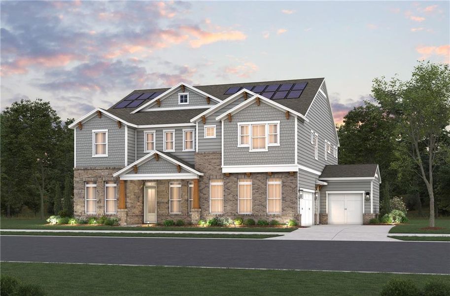Front exterior of a new home in Estates at Daves Creek, Cumming, GA, highlighting curb appeal (Image 1). Front exterior of a new home in Estates at Daves Creek, Cumming, GA, highlighting curb appeal (Image 1).