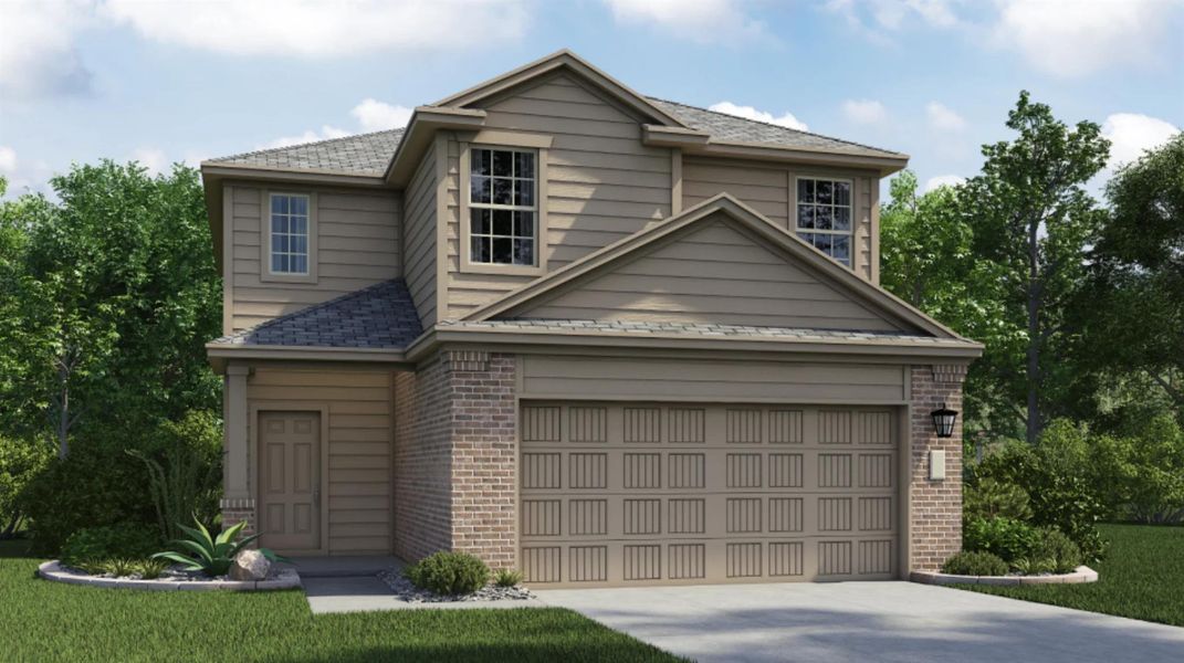 Front exterior of a new home in Woodfield Preserve, Georgetown, TX, highlighting curb appeal (Image 1). Front exterior of a new home in Woodfield Preserve, Georgetown, TX, highlighting curb appeal (Image 1).