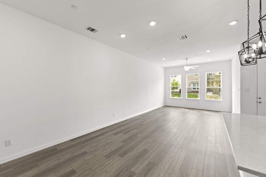 Brown plan open kitchen dining area