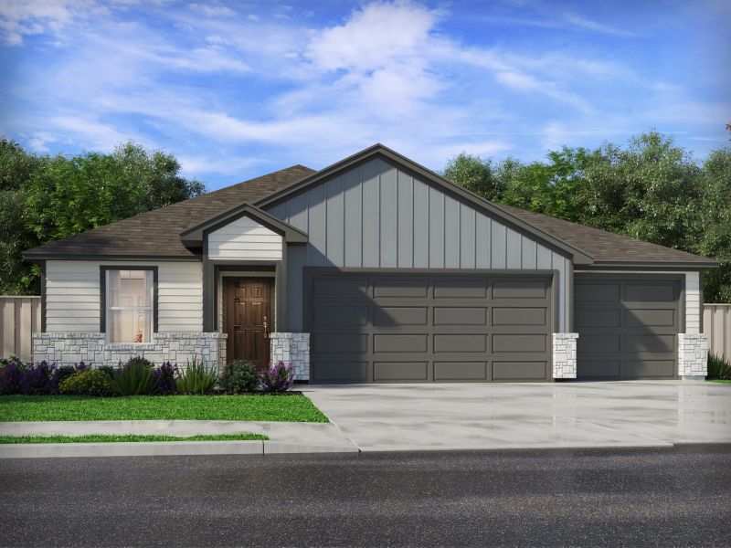 Front exterior of a new home in Creekfall, Burnet, TX, highlighting curb appeal (Image 1). Front exterior of a new home in Creekfall, Burnet, TX, highlighting curb appeal (Image 1).