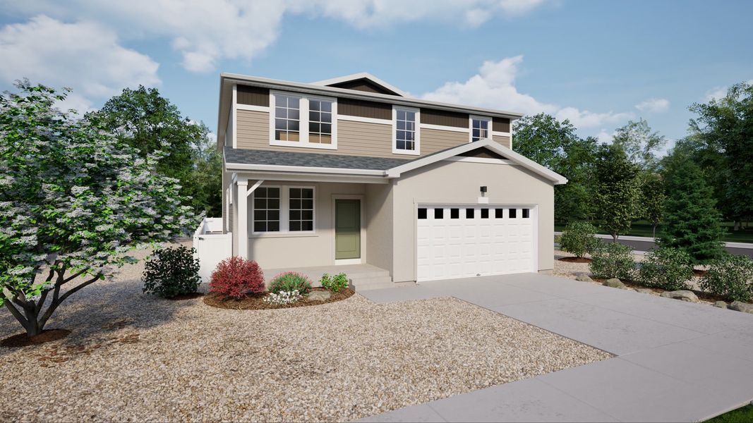 Representative exterior photo of a completed home built from the Triumph by Oakwood Homes Co in Green Valley Ranch, Aurora, CO (Image 1). Representative exterior photo of a completed home built from the Triumph by Oakwood Homes Co in Green Valley Ranch, Aurora, CO (Image 1).