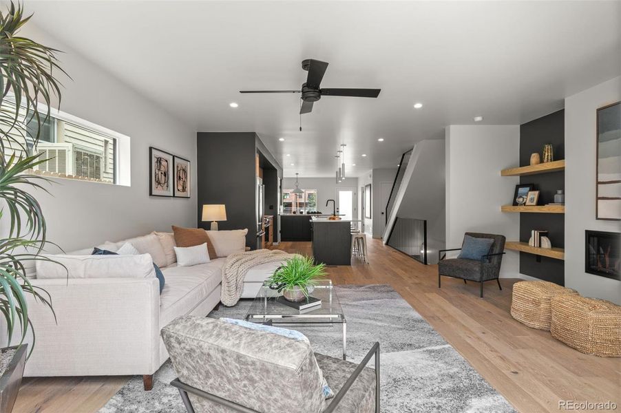 Living room with built in book shelves