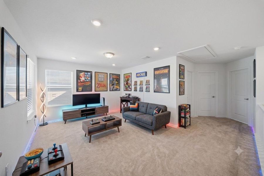 A vibrant game room offers endless entertainment and a comfortable setting. A vibrant game room offers endless entertainment and a comfortable setting.