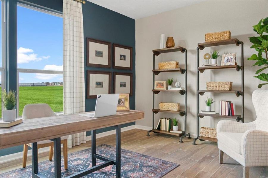 Quietly nestled in front of the home is the handsome den that can be used as a home office or formal dining room. Featuring gorgeous wood-like tile flooring, custom paint and a large windows.