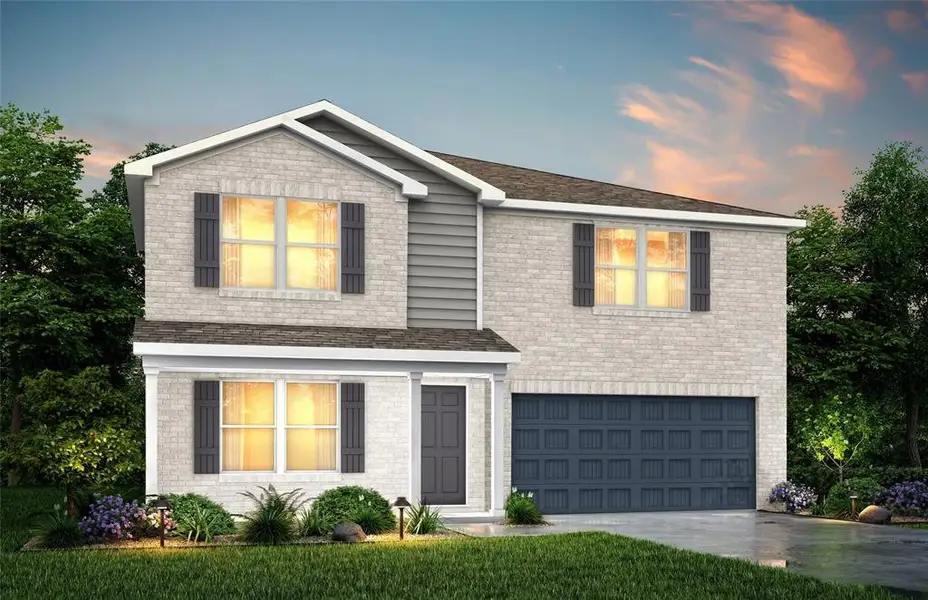 View of front of home with an attached garage, driveway, brick siding, and roof with shingles View of front of home with an attached garage, driveway, brick siding, and roof with shingles
