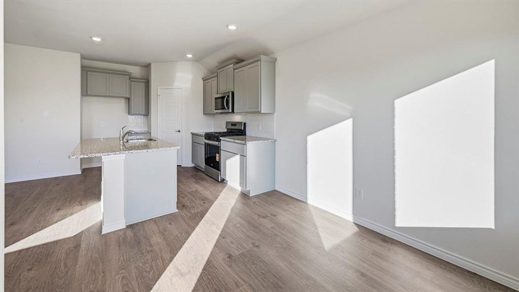 Open-concept kitchen featuring gray shaker-style cabinetry, stainless steel appliances, a center island with a double sink, and wood-finish flooring