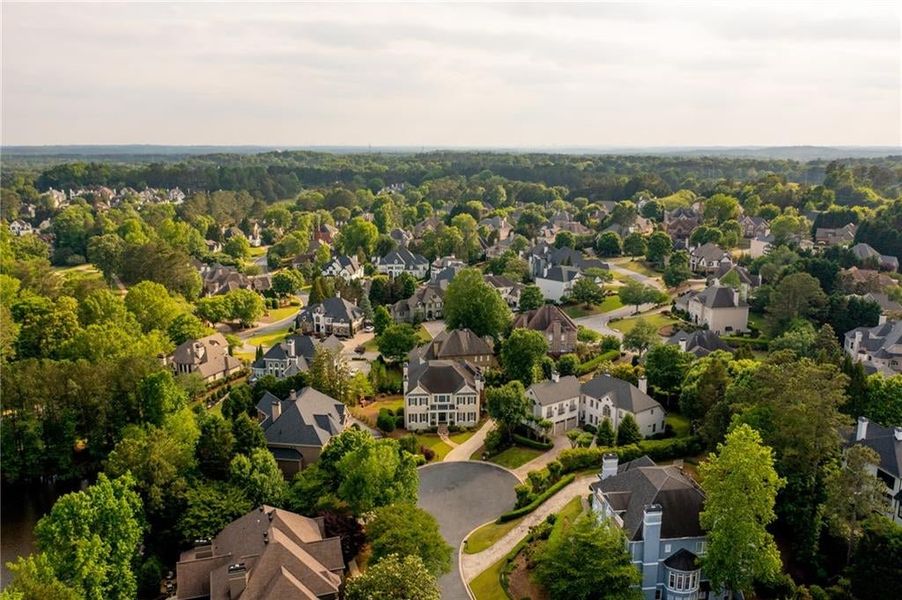 Aerial view of Johns Creek, named #1 Place to Live by Travel & Leisure Magazine in 2024.