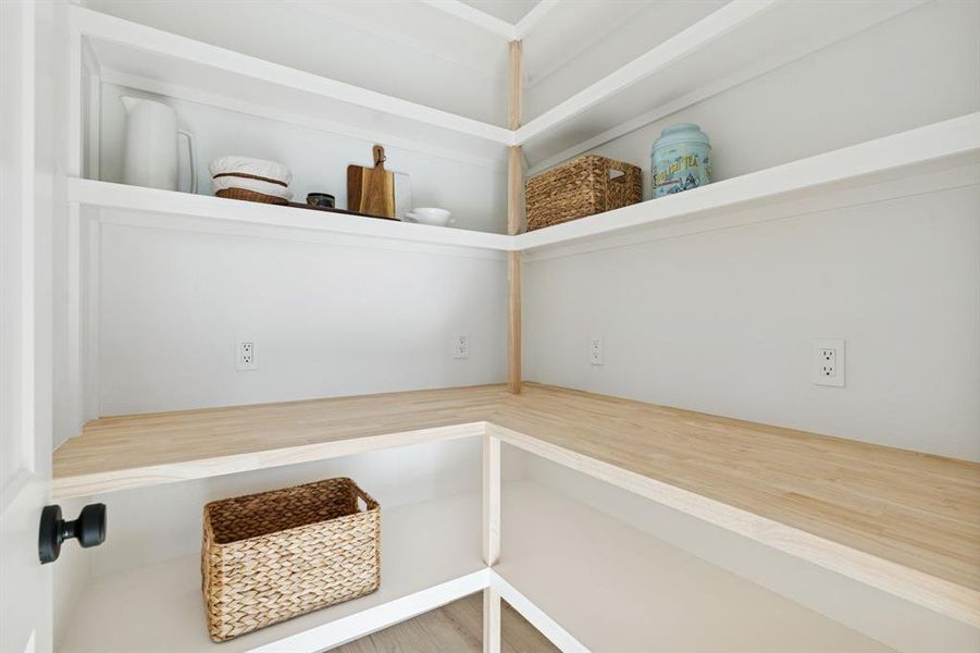 Walk-in pantry with stain-grade deep-set counter, so much storage and outlets! So smart!