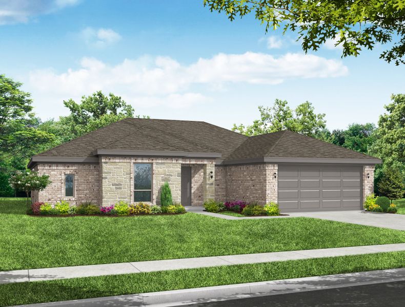 Representative exterior photo of a completed home built from the Alderbury II by Impression Homes in Mountain Valley Lake, Burleson, TX (Image 9). Representative exterior photo of a completed home built from the Alderbury II by Impression Homes in Mountain Valley Lake, Burleson, TX (Image 9).