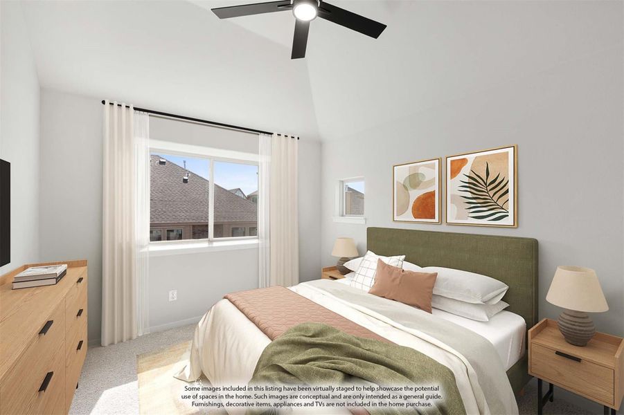 Bedroom with vaulted ceiling, ceiling fan, green upholstered headboard, and large window with white curtains Bedroom with vaulted ceiling, ceiling fan, green upholstered headboard, and large window with white curtains