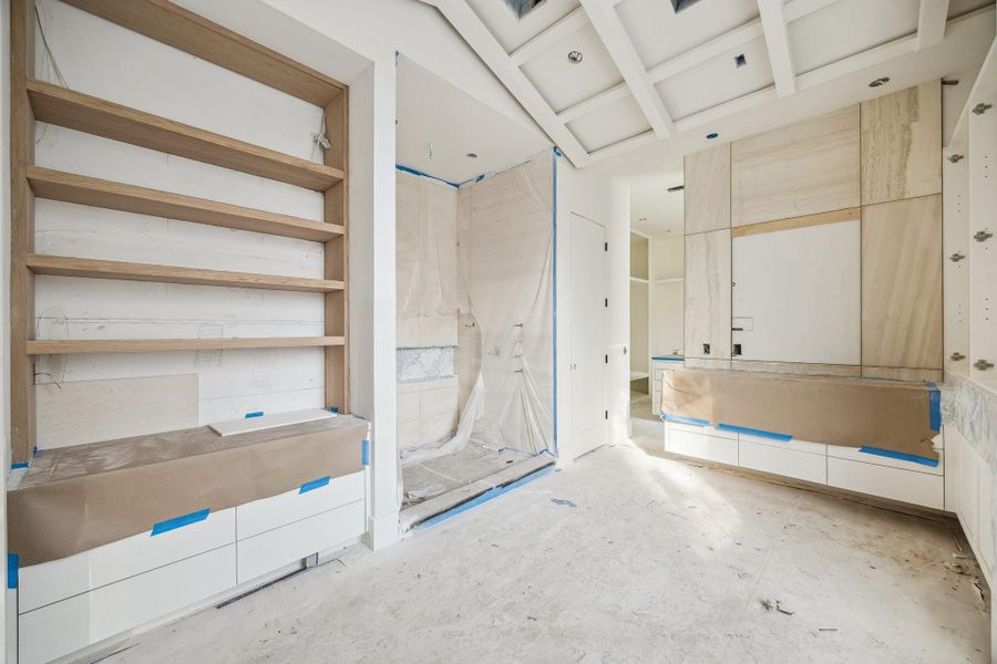 Incredible Primary Bathroom with a Vaulted Ceiling and Beams.