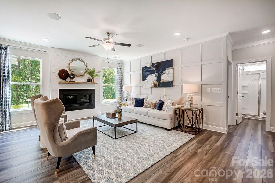 Accent wall in family room & Cosmo gas fireplace with shiplap surround