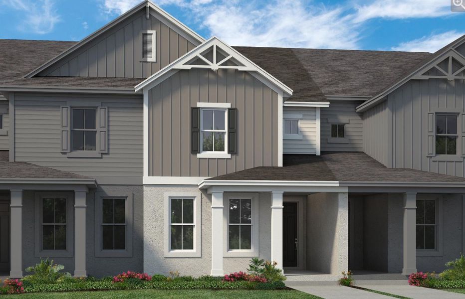 Representative exterior photo of a completed home built from the Whitney by Rockwell Homes in Harvest at Ovation - Townhomes, Winter Garden, FL (Image 28). Representative exterior photo of a completed home built from the Whitney by Rockwell Homes in Harvest at Ovation - Townhomes, Winter Garden, FL (Image 28).