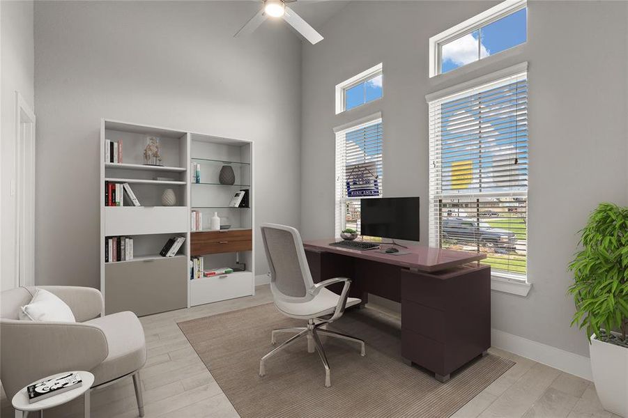 Quietly nestled in front of the home is the handsome home office. Featuring high ceilings, ceiling fan with lighting, custom paint and large windows with privacy blinds.