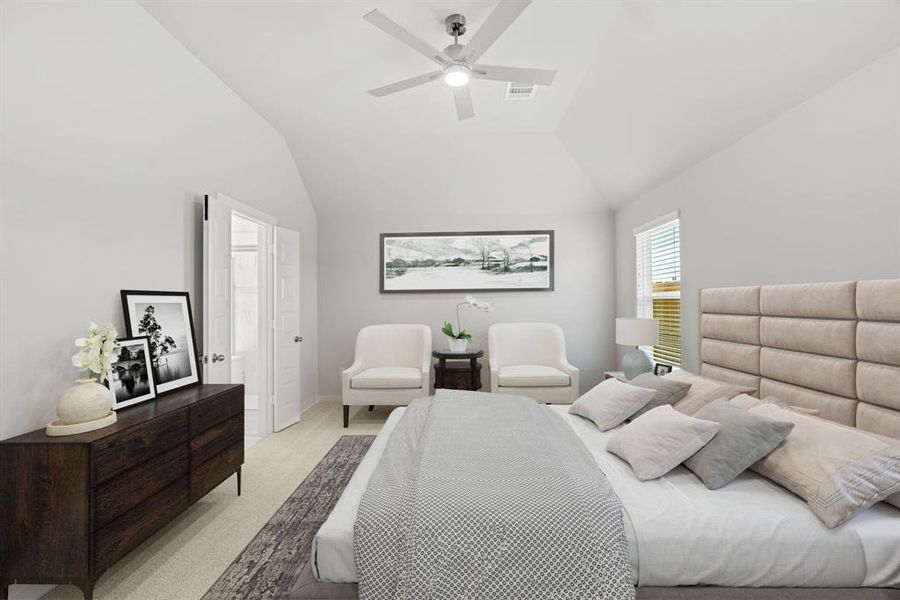 Relax and rejuvenate in the luxurious primary suite after a hectic day! This expansive space boasts cozy carpeting, inviting paint tones, lofty ceilings, and sizable windows adorned with privacy blinds. As-built interior colors and selections may vary.