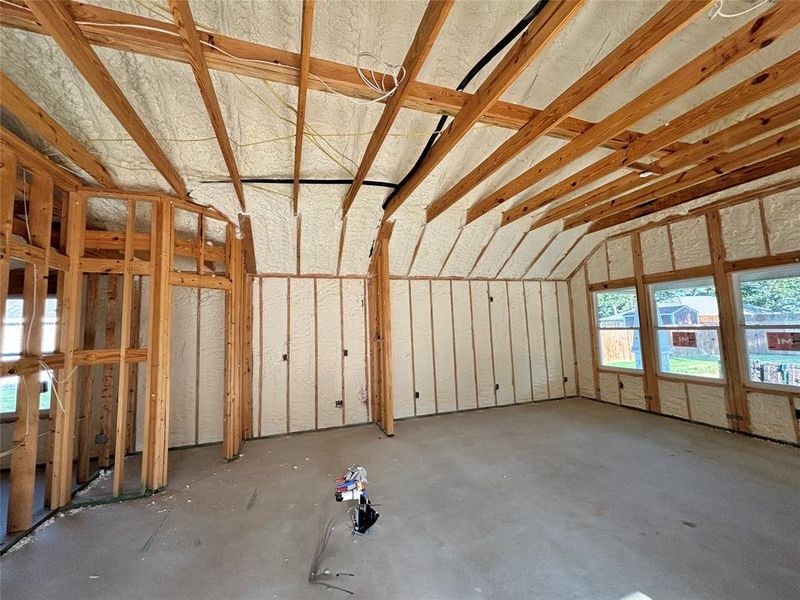 Interior showing vaulted ceiling and foam