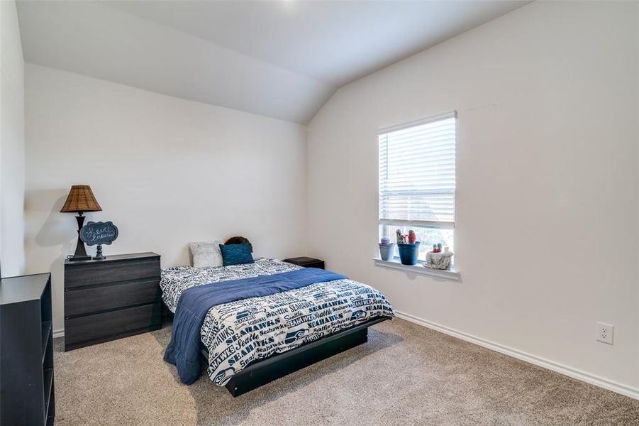 Bedroom with carpet floors, lofted ceiling, and baseboards