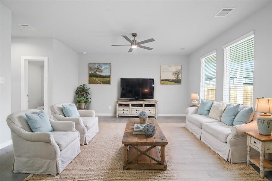 Gather the family and guests together in your lovely family room! Featuring high ceilings, recessed lighting, ceiling fan, custom paint, gorgeous floors and large windows that provide plenty of natural lighting throughout the day.