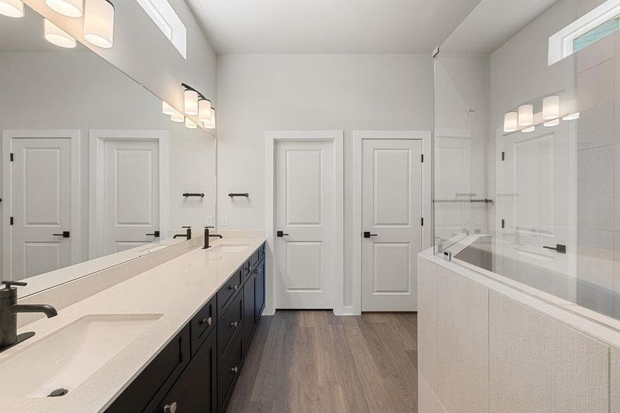 Bathroom with double vanity, dark wood-type flooring, and walk in shower