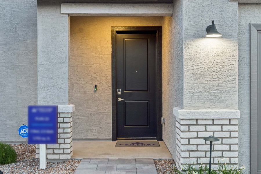 A building with a black door.