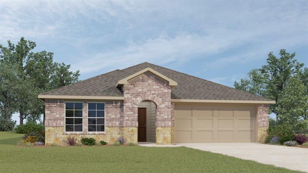 View of front of property featuring brick siding, a shingled roof, a front lawn, a garage, and driveway