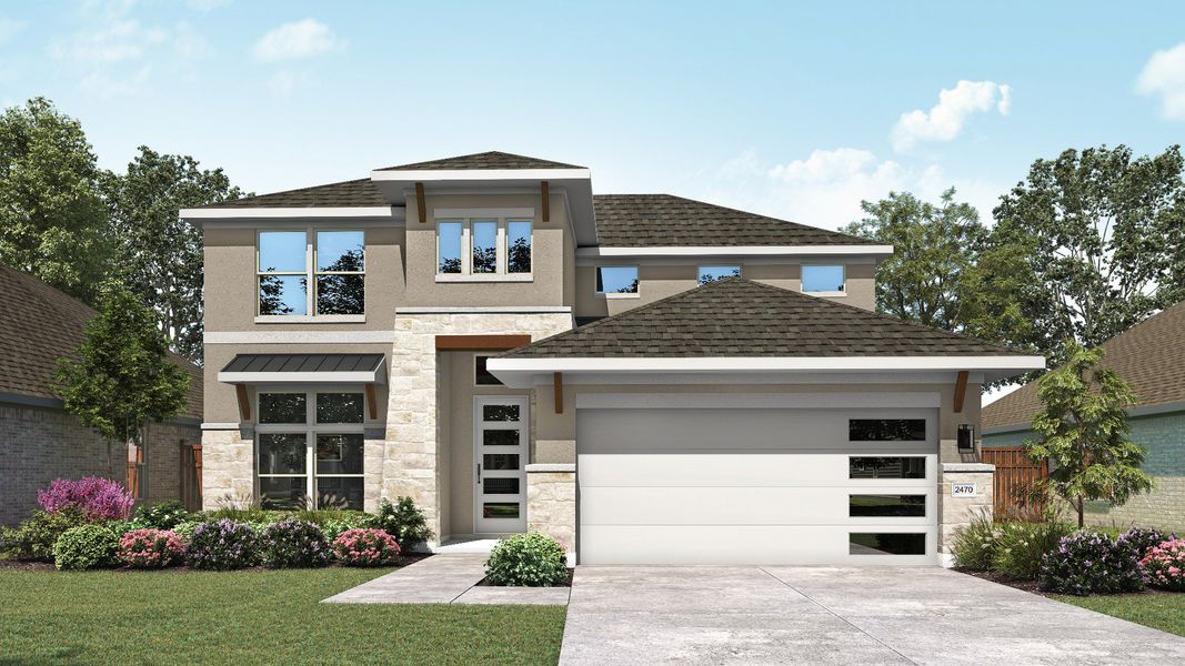 Representative exterior photo of a completed home built from the Hickory by DRB Homes in Heritage Mill, Hutto, TX (Image 5). Representative exterior photo of a completed home built from the Hickory by DRB Homes in Heritage Mill, Hutto, TX (Image 5).