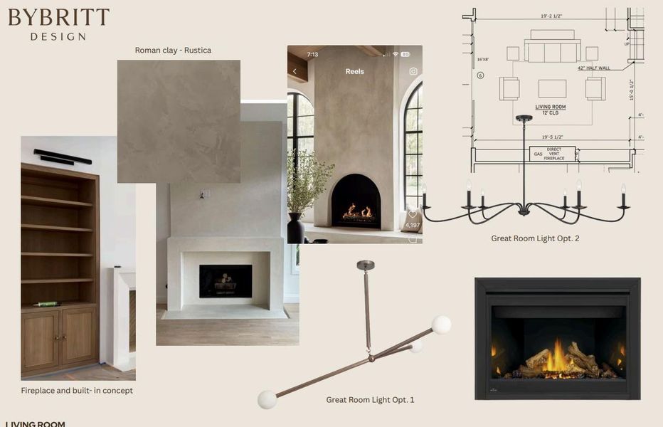 Visualize design concepts with this compilation featuring a sleek fireplace, built-in shelving, and various lighting options.