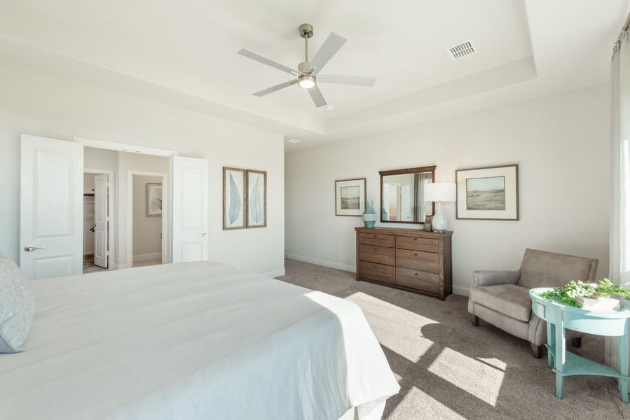 Spacious master bedroom with tray ceiling, ceiling fan, wood dresser, and open doors to walk-in closet and bathroom.