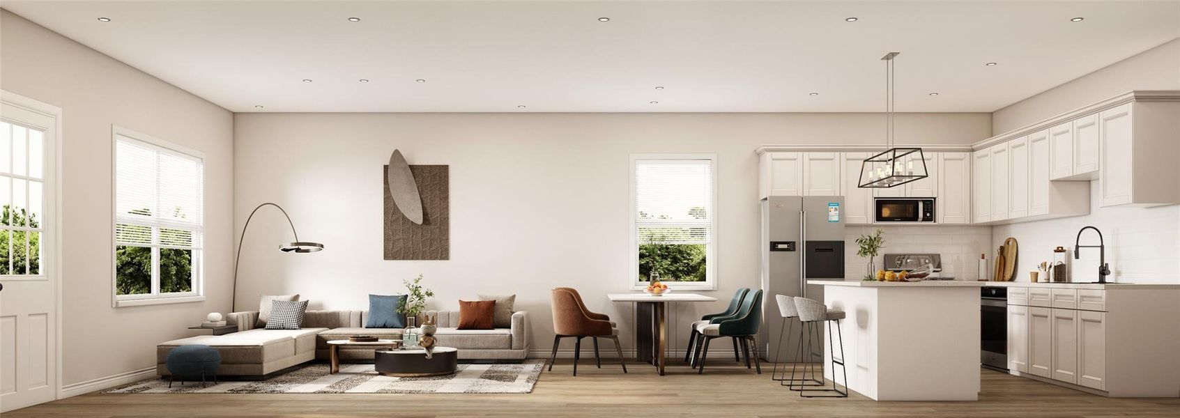 A view of the open living space with a 10-foot high ceiling. Example photo, virtually staged