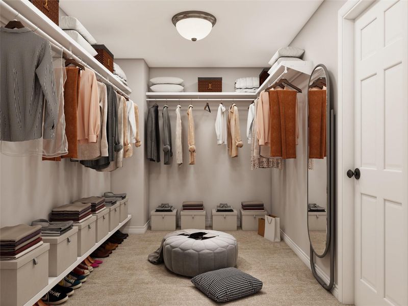 The walk-in closet is the size of a small bedroom (8 x 11)! Tons of hanging space and numerous options to accommodate your storage needs. Example photo, virtually staged