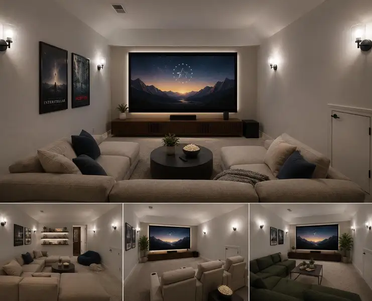 Virtual Staging - An inviting entertainment space features soft carpet and dimmable sconce lighting, perfect for cinematic evenings. Virtual Staging - An inviting entertainment space features soft carpet and dimmable sconce lighting, perfect for cinematic evenings.