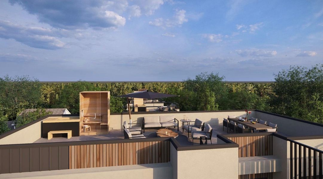 An inviting rooftop terrace offers multiple zones for relaxation and entertaining amidst verdant surroundings. An inviting rooftop terrace offers multiple zones for relaxation and entertaining amidst verdant surroundings.