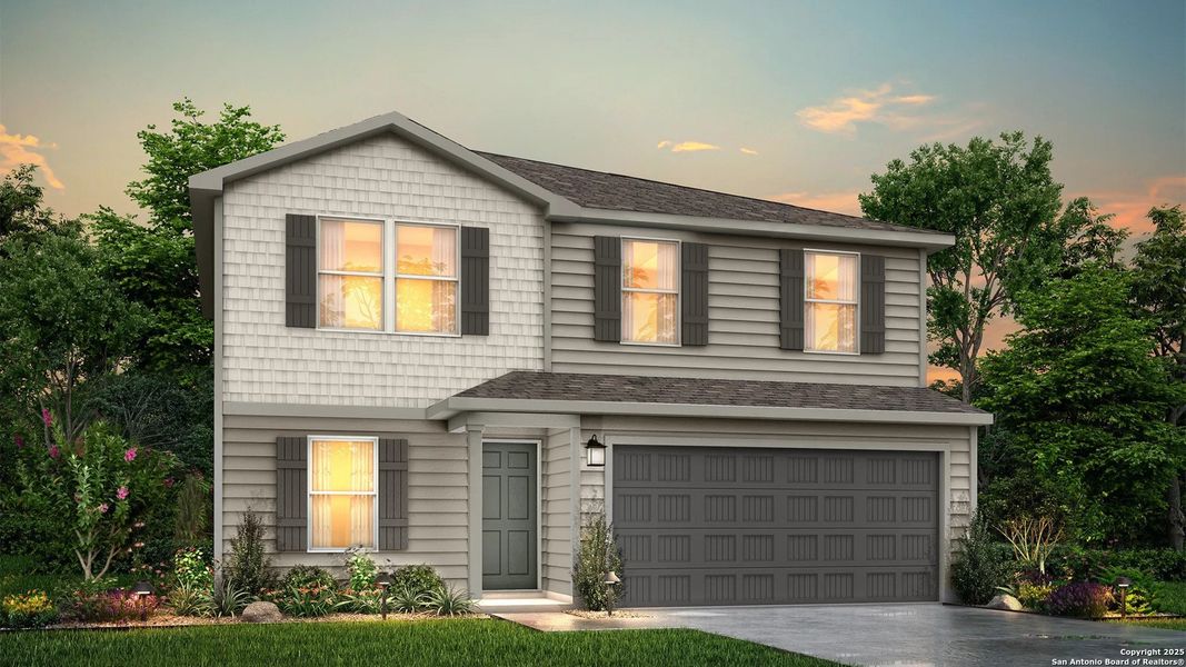 Front exterior of a new home in Las Colinas, Kenedy, TX, highlighting curb appeal (Image 1). Front exterior of a new home in Las Colinas, Kenedy, TX, highlighting curb appeal (Image 1).