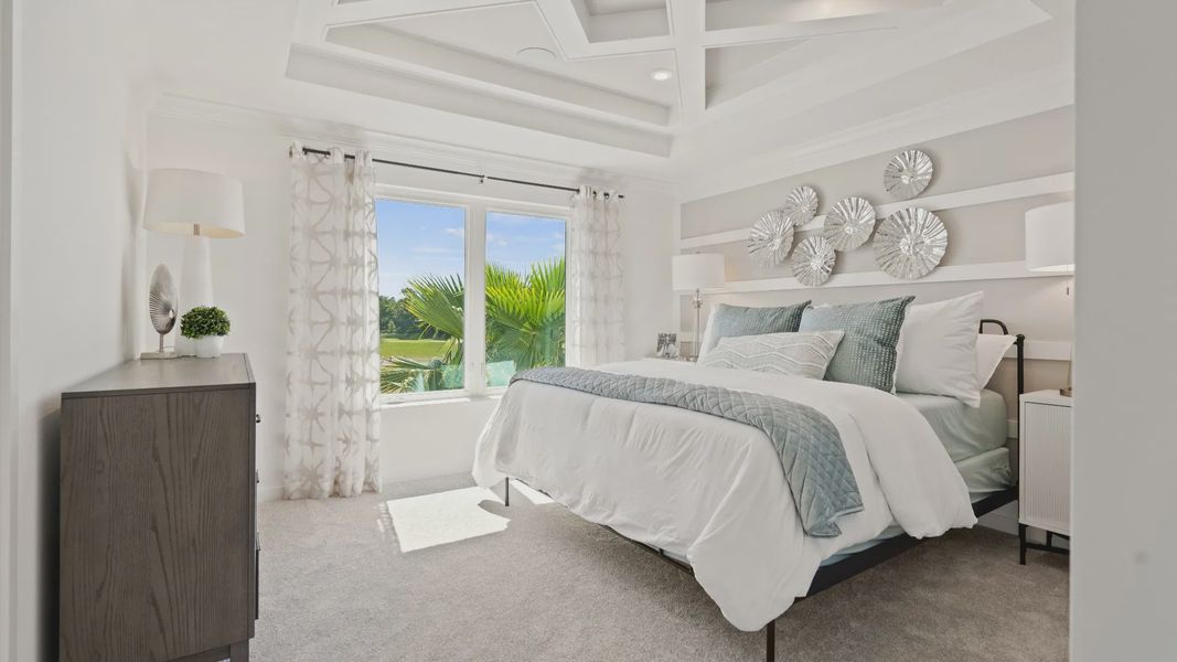 Primary bedroom with tray ceiling and large double window in a DRB Homes Ambersweet model at the Trinity Place community. Primary bedroom with tray ceiling and large double window in a DRB Homes Ambersweet model at the Trinity Place community.