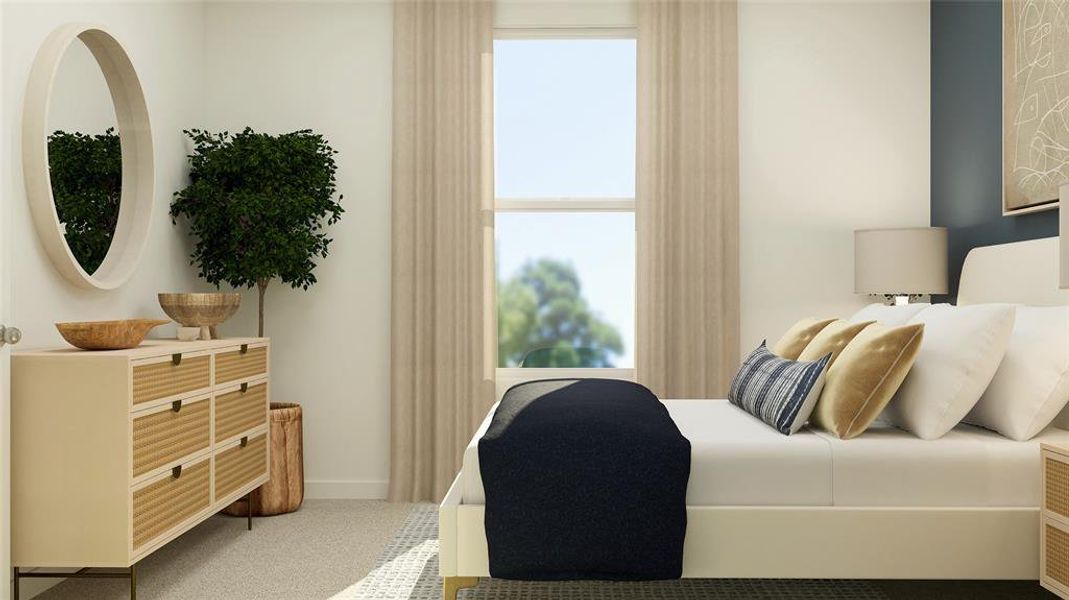 Carpeted bedroom featuring multiple windows