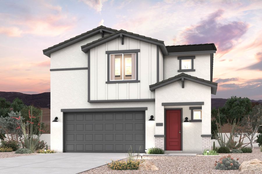 Front exterior of a new home in Skyline Village, San Tan Valley, AZ, highlighting curb appeal (Image 1). Front exterior of a new home in Skyline Village, San Tan Valley, AZ, highlighting curb appeal (Image 1).