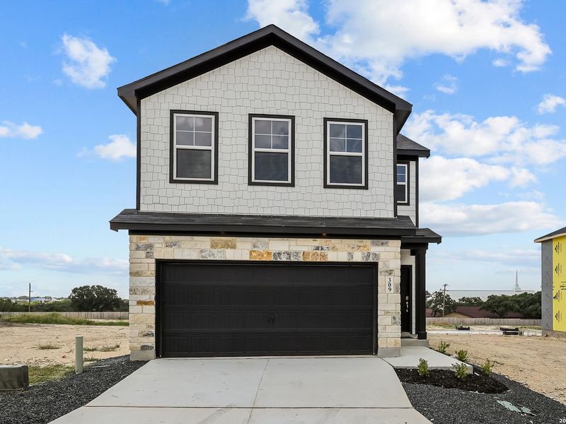Front exterior of a new home in Meadows at Oak Creek, San Antonio, TX, highlighting curb appeal (Image 21).