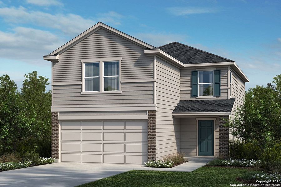 Front exterior of a new home in Medina Crossing, Von Ormy, TX, highlighting curb appeal (Image 1).