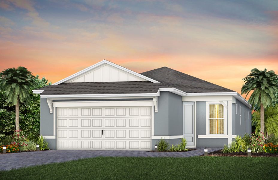 Front exterior of a new home in Del Webb Sunbridge, St. Cloud, FL, highlighting curb appeal (Image 25). Front exterior of a new home in Del Webb Sunbridge, St. Cloud, FL, highlighting curb appeal (Image 25).