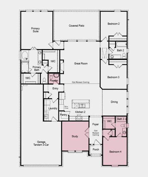 Additional Highlights Include: Bedroom and full bathroom in place of study and powder room, study in place of flex, powder room in place of storage, mahogany contemporary front door, tiled shower at primary bath, tile at fireplace, and motion sense wave one-hand pull down kitchen faucet.