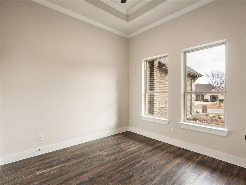 Unfurnished room featuring crown molding and dark hardwood / wood-style flooring