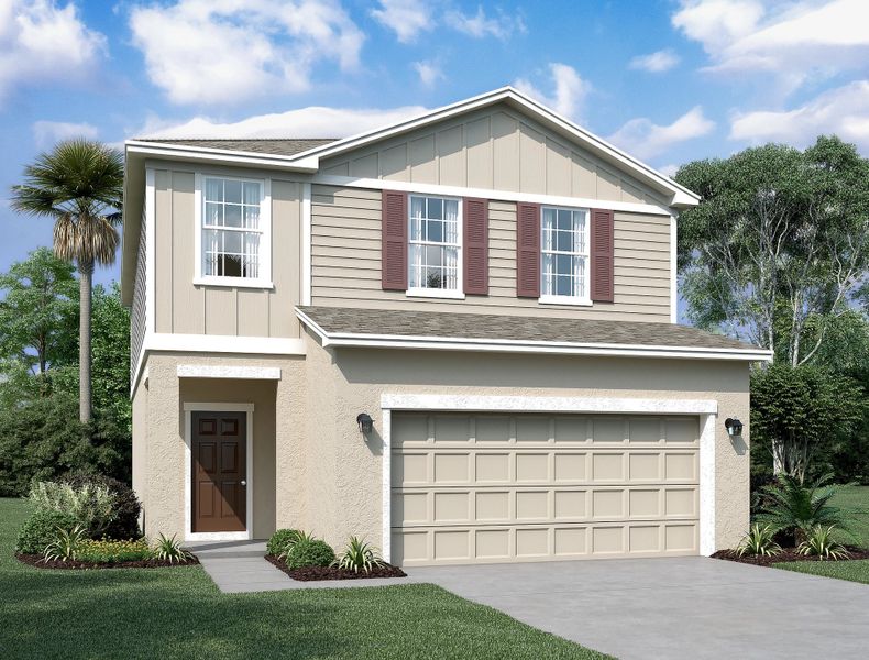 Front exterior of a new home in Landings at Mount Olive, Polk City, FL, highlighting curb appeal (Image 1). Front exterior of a new home in Landings at Mount Olive, Polk City, FL, highlighting curb appeal (Image 1).