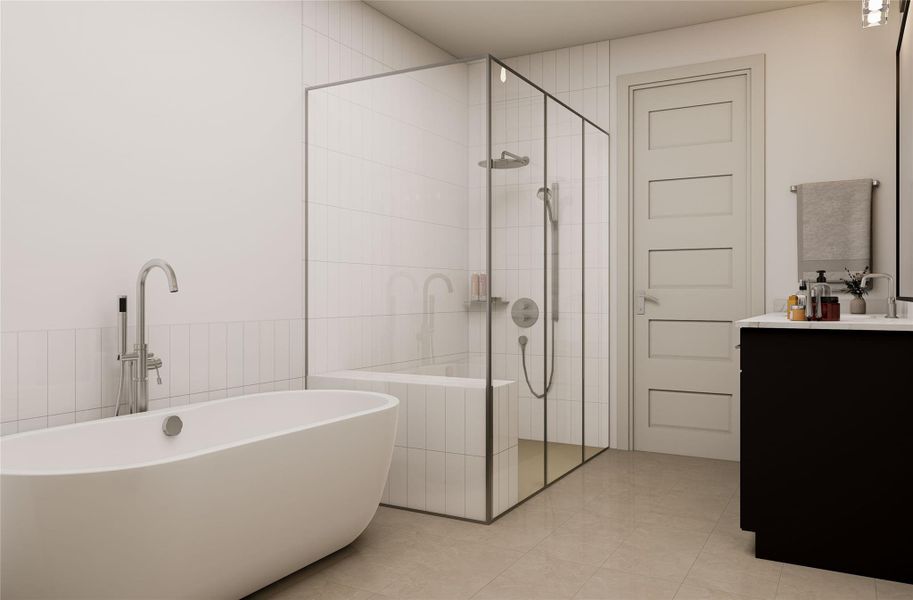 Enjoy your luxurious spa-style bath with dual vanities and an oversized walk-in shower for a true daily escape. Image shown is an artist’s rendering; final colors and selections may vary. Please see the New Home Consultant for details.
