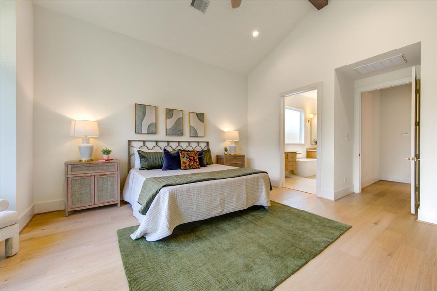A private sanctuary designed for comfort and sophistication with seamless access to the spa-quality bath and custom closet.