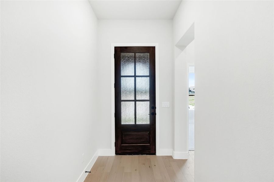 Entryway with dark wood front door featuring six-pane glass panels and light hardwood floors