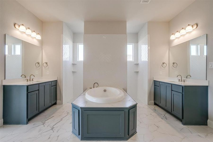 Bathroom with vanity, a healthy amount of sunlight, and a bath