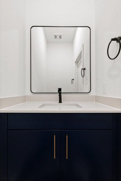 A well-appointed bathroom vanity with a spacious countertop and sleek modern fixtures awaits.