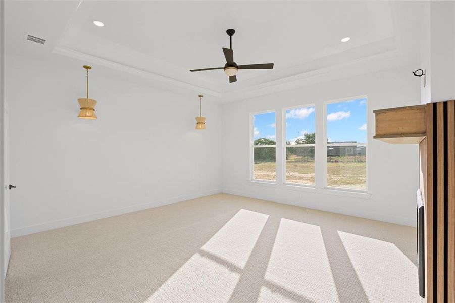 Spare room with a raised ceiling, ceiling fan, crown molding, and light colored carpet