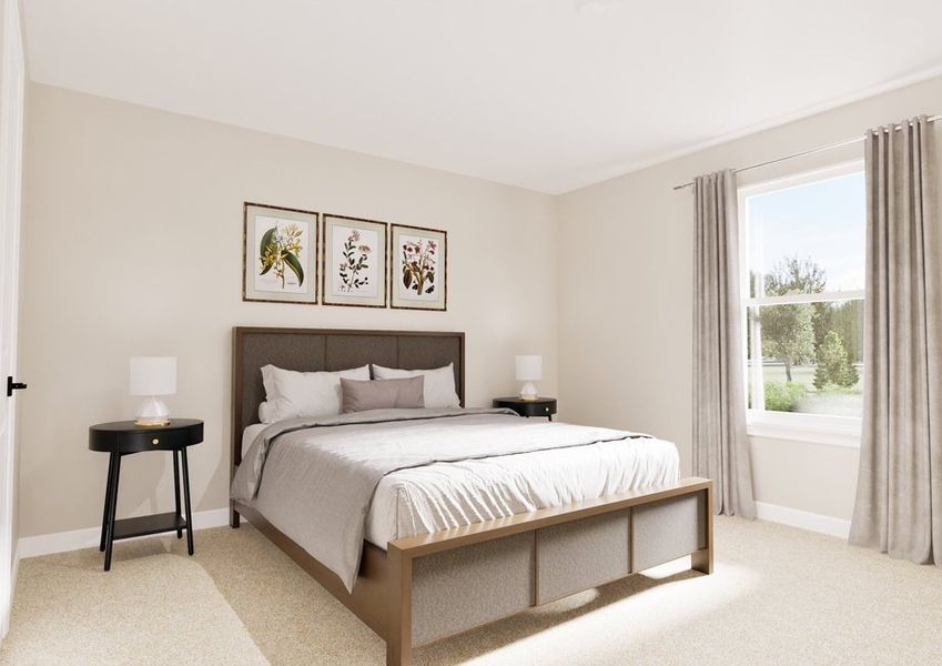 A serene bedroom with a large bed featuring gray and white bedding. Gray curtains frame a window overlooking greenery. Three botanical art pieces adorn the beige wall. A serene bedroom with a large bed featuring gray and white bedding. Gray curtains frame a window overlooking greenery. Three botanical art pieces adorn the beige wall.