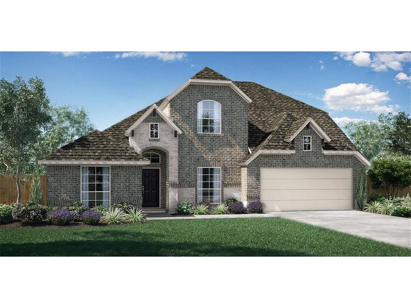 French provincial home featuring a garage and a front yard